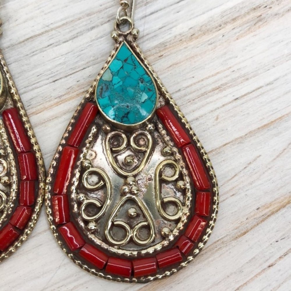 Hand Made Teal/Turquoise Tear Drop Earrings - Picture 3 of 5